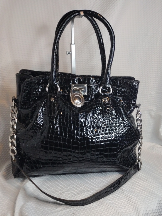 Michael Kors Handbags - Michael Michael Kors Hamilton Black Croc-Embossed Patent Leather Tote Bag